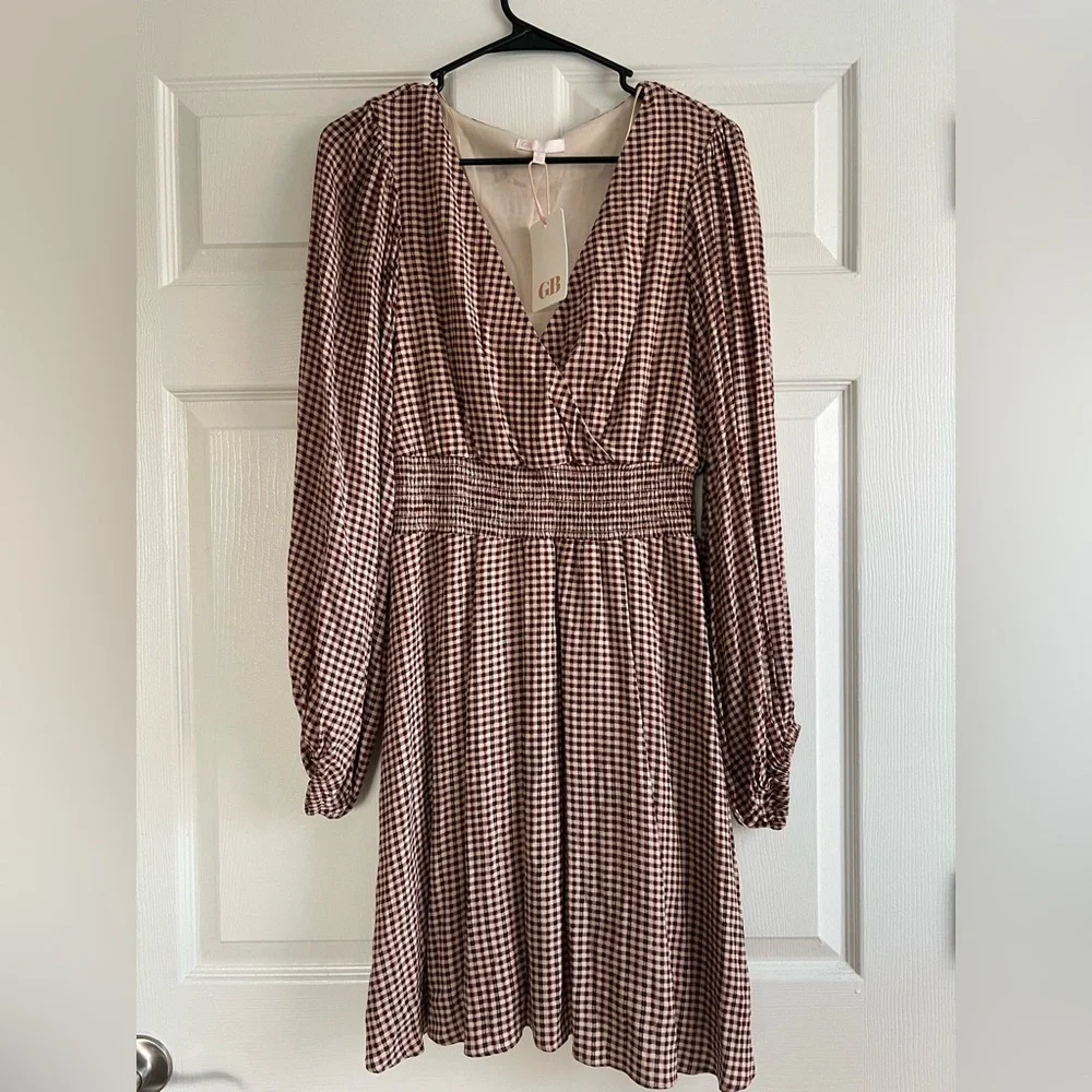 NWT GB Gianni Bini Brown Gingham V-Neck Smocked Waist Long Sleeve Dress Large - Picture 1 of 11